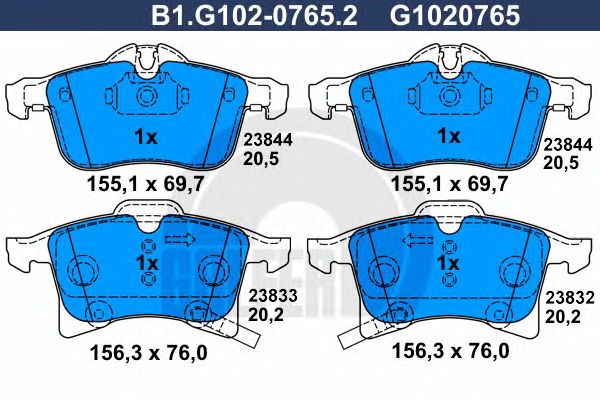 GALFER - B1.G102-0765.2 - Комплект тормозных колодок, дисковый тормоз (Тормозная система)