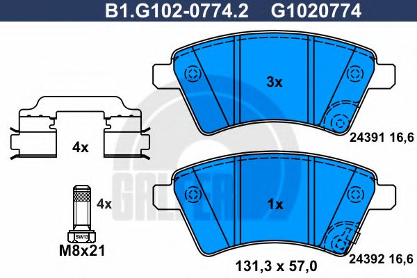 GALFER - B1.G102-0774.2 - Комплект тормозных колодок, дисковый тормоз (Тормозная система)