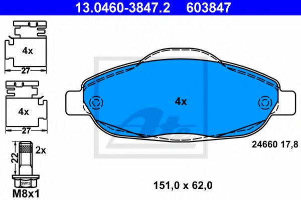 ATE - 13.0460-3847.2 - Комплект тормозных колодок, дисковый тормоз (Тормозная система)
