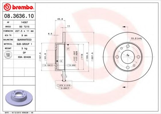 BREMBO - 08.3636.10 - Тормозной диск (Тормозная система)