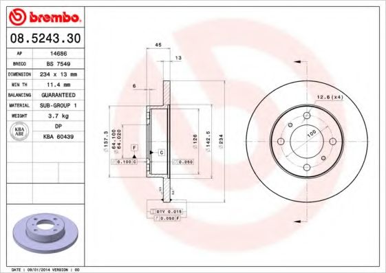 BREMBO - 08.5243.30 - Тормозной диск (Тормозная система)