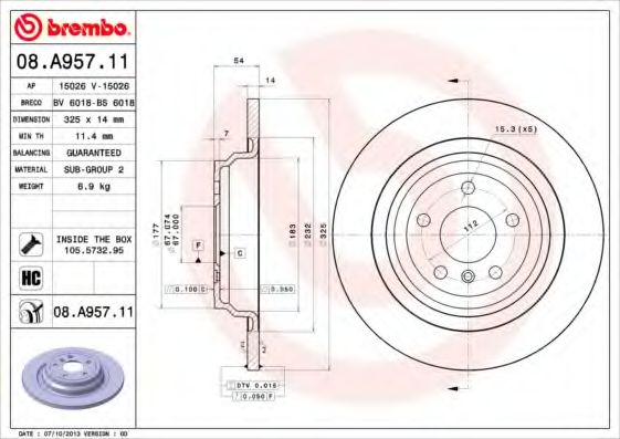 BREMBO - 08.A957.11 - Тормозной диск (Тормозная система)