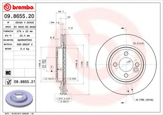 BREMBO - 09.8655.21 - Тормозной диск (Тормозная система)