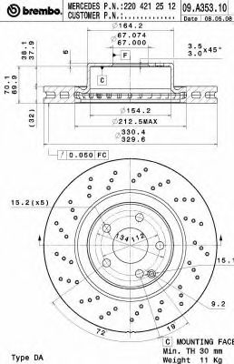 BREMBO - 09.A353.11 - Тормозной диск (Тормозная система)