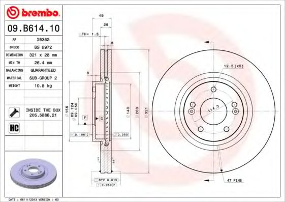 BREMBO - 09.B614.10 - Тормозной диск (Тормозная система)