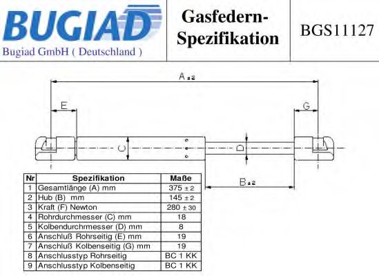 BUGIAD - BGS11127 - Газовая пружина, капот