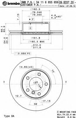 BREMBO - 09.B337.21 - Тормозной диск (Тормозная система)