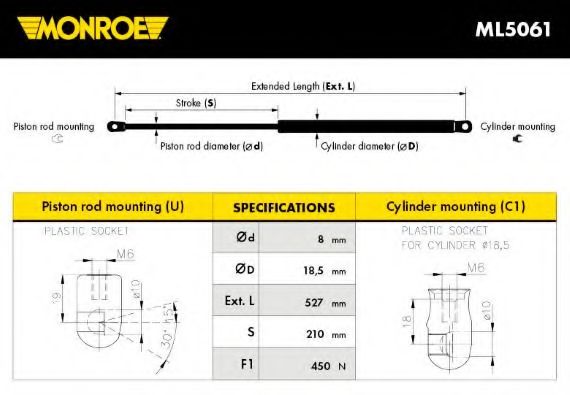 MONROE - ML5061 - Газовая пружина, крышка багажник (Кузов)