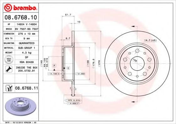 BREMBO - 08.6768.10 - Тормозной диск (Тормозная система)