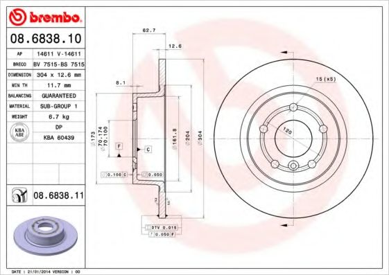 BREMBO - 08.6838.11 - Тормозной диск (Тормозная система)