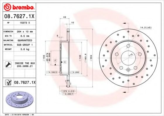 BREMBO - 08.7627.1X - Тормозной диск (Тормозная система)