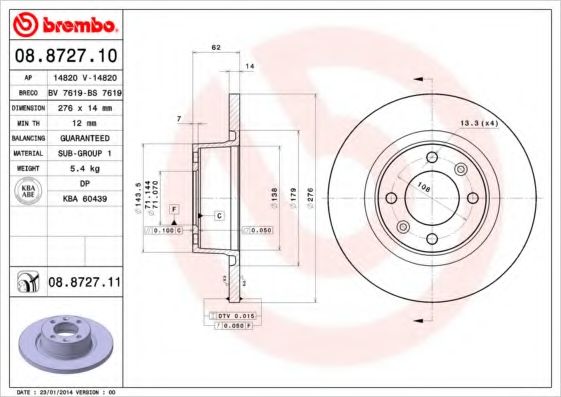 BREMBO - 08.8727.10 - Тормозной диск (Тормозная система)