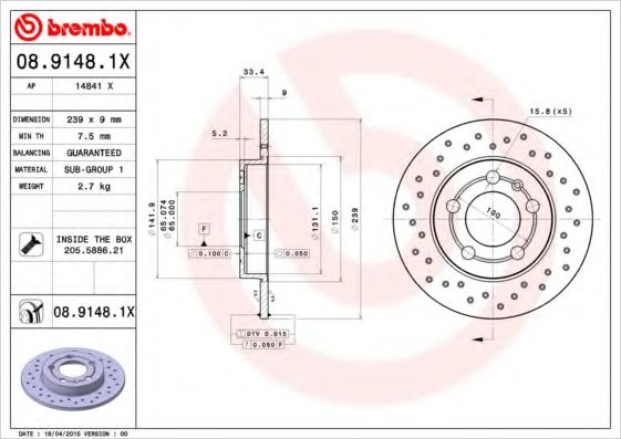 BREMBO - 08.9148.1X - Тормозной диск (Тормозная система)