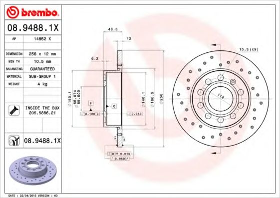 BREMBO - 08.9488.1X - Тормозной диск (Тормозная система)