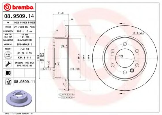 BREMBO - 08.9509.11 - Тормозной диск (Тормозная система)