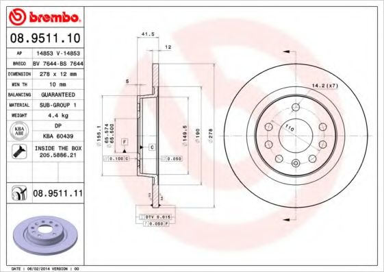 BREMBO - 08.9511.10 - Тормозной диск (Тормозная система)