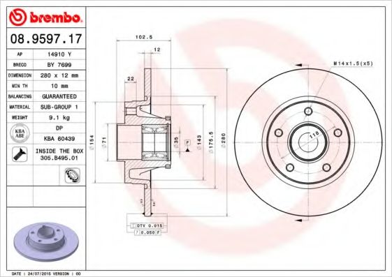 BREMBO - 08.9597.17 - Тормозной диск (Тормозная система)