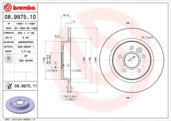 BREMBO - 08.9975.10 - Тормозной диск (Тормозная система)