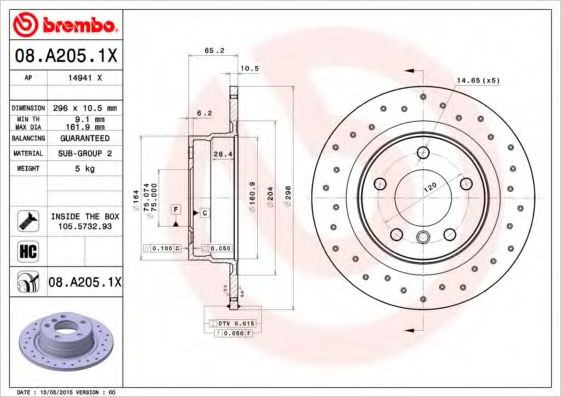 BREMBO - 08.A205.1X - Тормозной диск (Тормозная система)