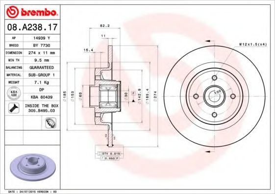 BREMBO - 08.A238.17 - Тормозной диск (Тормозная система)