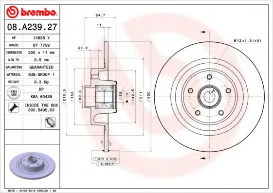 BREMBO - 08.A239.27 - Тормозной диск (Тормозная система)