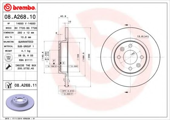 BREMBO - 08.A268.10 - Тормозной диск (Тормозная система)