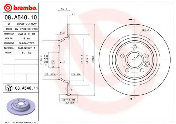 BREMBO - 08.A540.10 - Тормозной диск (Тормозная система)