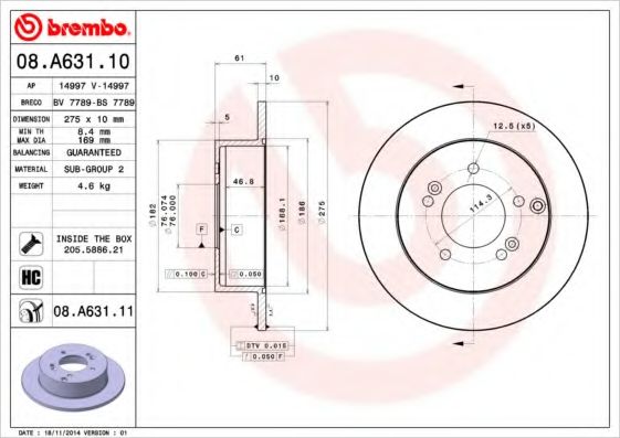 BREMBO - 08.A631.10 - Тормозной диск (Тормозная система)