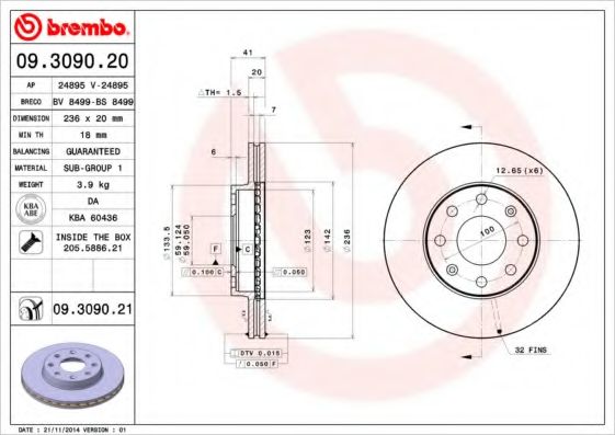 BREMBO - 09.3090.20 - Тормозной диск (Тормозная система)