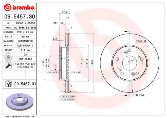 BREMBO - 09.5457.31 - Тормозной диск (Тормозная система)