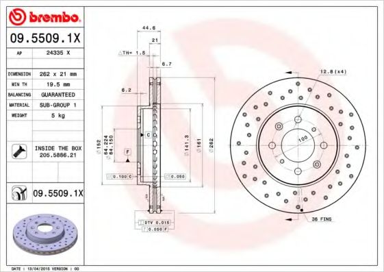 BREMBO - 09.5509.1X - Тормозной диск (Тормозная система)