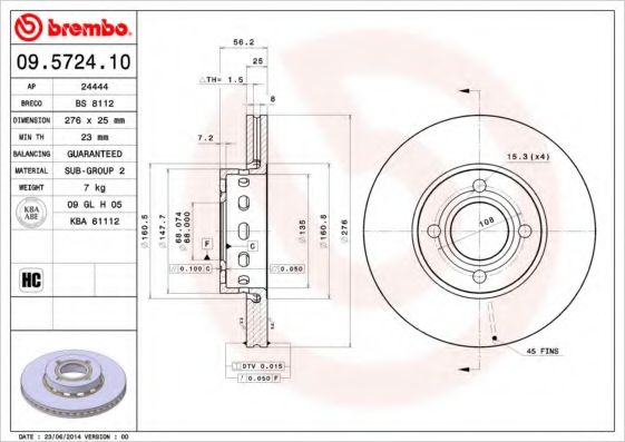 BREMBO - 09.5724.10 - Тормозной диск (Тормозная система)