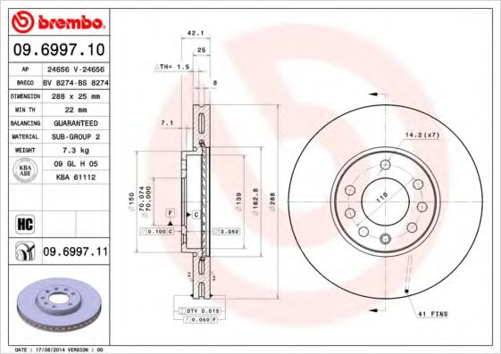 BREMBO - 09.6997.11 - Тормозной диск (Тормозная система)