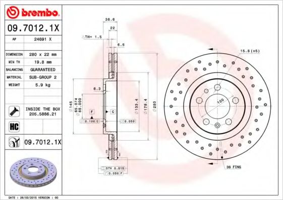 BREMBO - 09.7012.1X - Тормозной диск (Тормозная система)