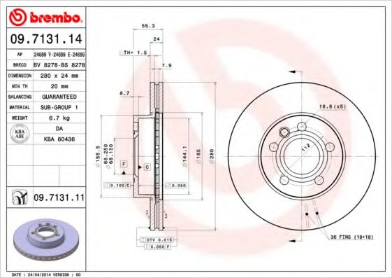 BREMBO - 09.7131.14 - Тормозной диск (Тормозная система)