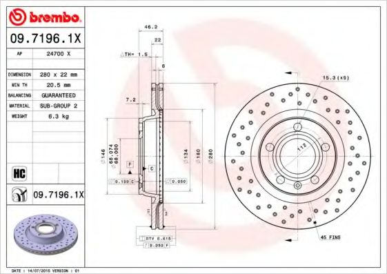 BREMBO - 09.7196.1X - Тормозной диск (Тормозная система)