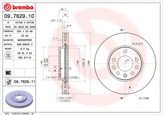 BREMBO - 09.7629.10 - Тормозной диск (Тормозная система)