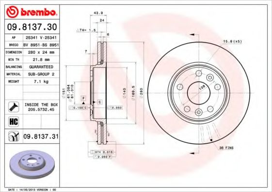 BREMBO - 09.8137.31 - Тормозной диск (Тормозная система)