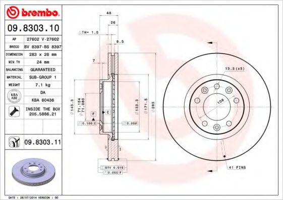 BREMBO - 09.8303.10 - Тормозной диск (Тормозная система)