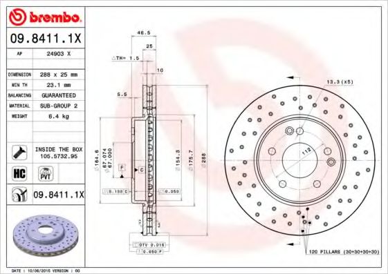 BREMBO - 09.8411.1X - Тормозной диск (Тормозная система)