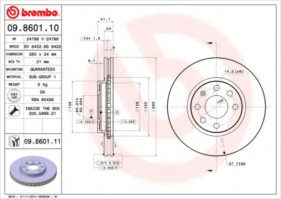 BREMBO - 09.8601.10 - Тормозной диск (Тормозная система)