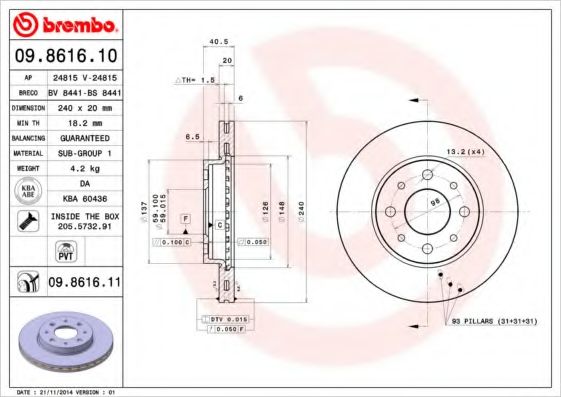 BREMBO - 09.8616.10 - Тормозной диск (Тормозная система)