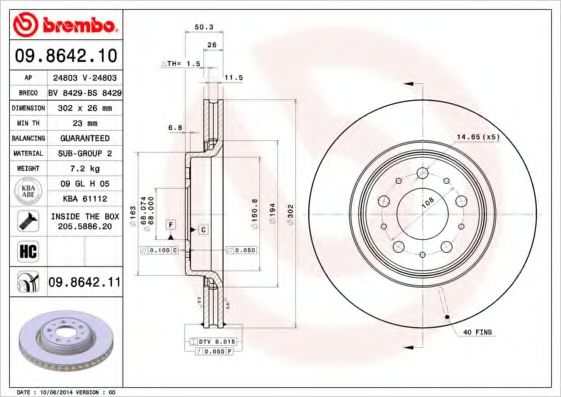 BREMBO - 09.8642.11 - Тормозной диск (Тормозная система)