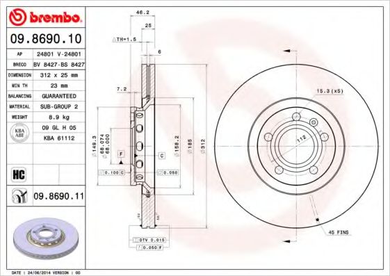 BREMBO - 09.8690.11 - Тормозной диск (Тормозная система)