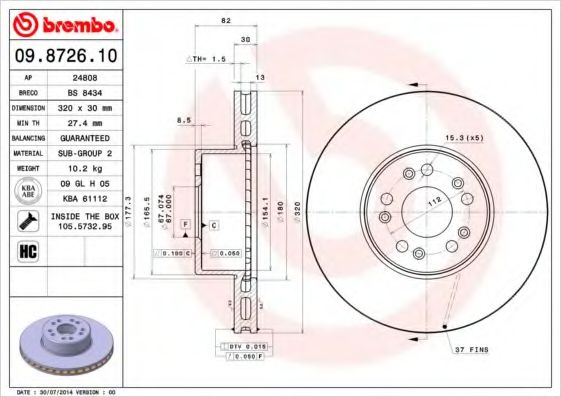 BREMBO - 09.8726.10 - Тормозной диск (Тормозная система)