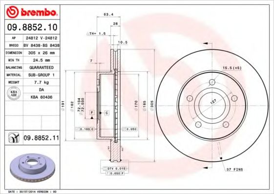 BREMBO - 09.8852.10 - Тормозной диск (Тормозная система)