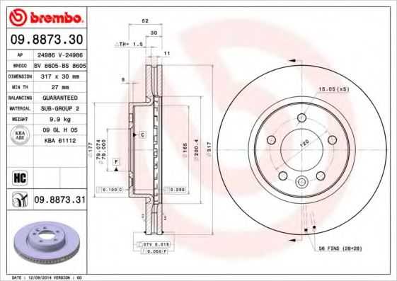 BREMBO - 09.8873.31 - Тормозной диск (Тормозная система)