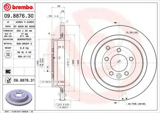 BREMBO - 09.8876.31 - Тормозной диск (Тормозная система)