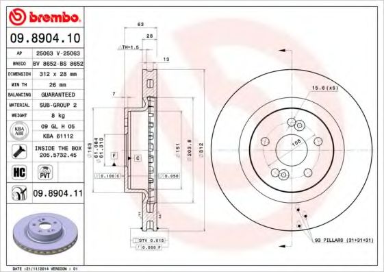 BREMBO - 09.8904.10 - Тормозной диск (Тормозная система)