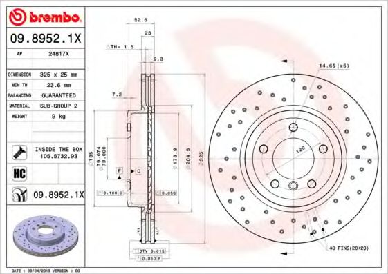 BREMBO - 09.8952.1X - Тормозной диск (Тормозная система)